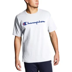 Champion Men's Classic Script Logo Jersey Short-Sleeve Shirt -Garmentra Sales Store 98548 GT23H White 045 Y06794 silo