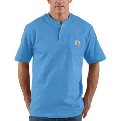 Carhartt Men's Loose Fit Heavyweight Pocket Henley Short-Sleeve T-Shirt -Garmentra Sales Store Carhartt k84 Blue Lagoon Heather